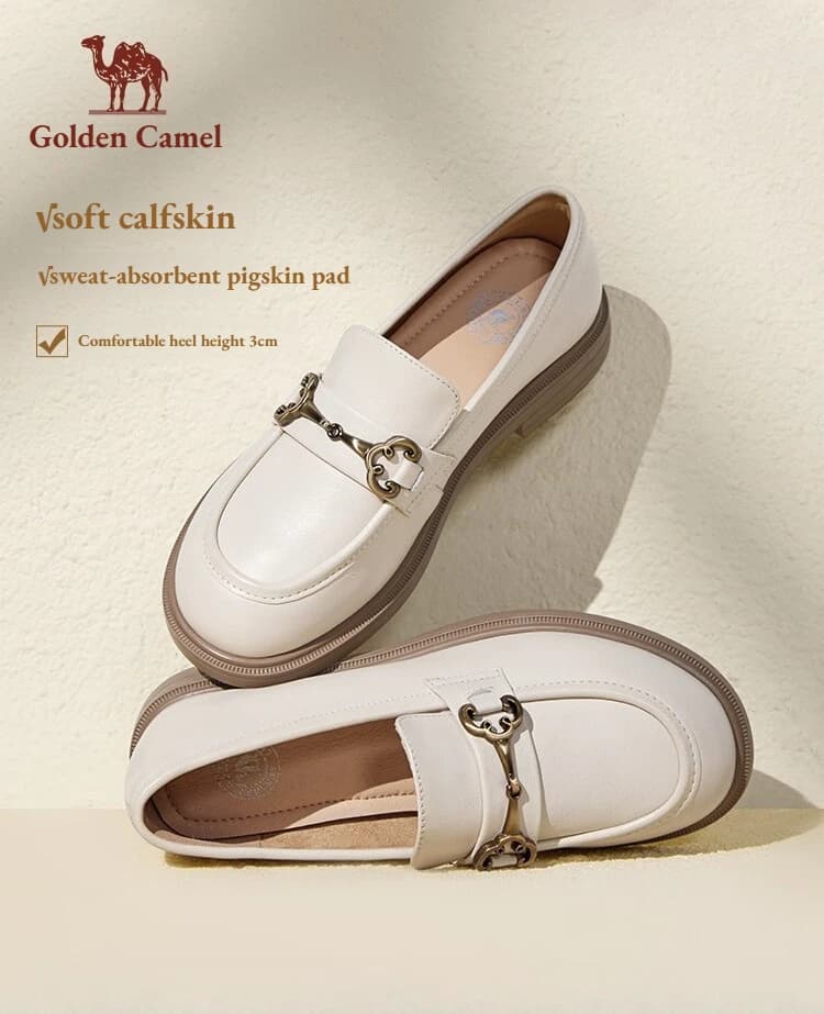 Mocassini di Lusso da Donna Golden Camel, Nuova Collezione Primavera 2026, Scarpe Casual con Punta Tonda, Stile Britannico, in Vera Pelle Morbida con Tacco Basso