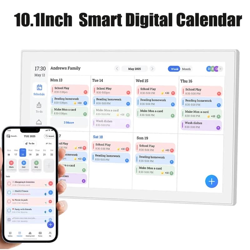 Calendario Digitale Smart da 10.1 Pollici con Schermo Touch IPS HD, Cornice Fotografica Elettronica WIFI, Gestione Orari, Pianificatore Pasti per Casa