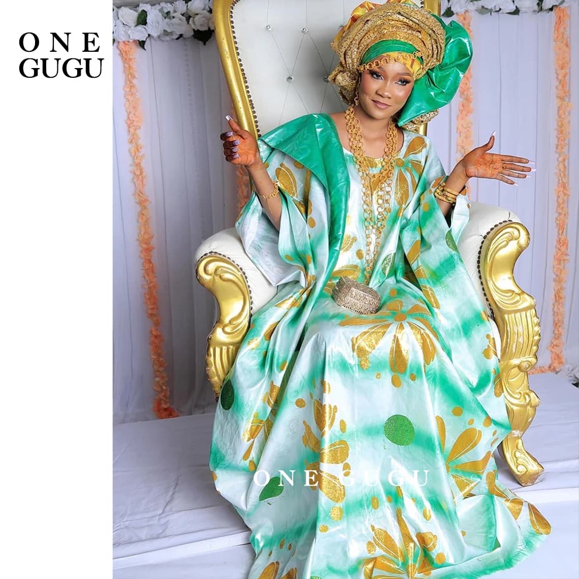 Verde menta con stampa oro Africano Dashiki Bacino Boubou Abito Nigeriano Origianl Stampa Bazin Riche Festa di nozze Abito lungo