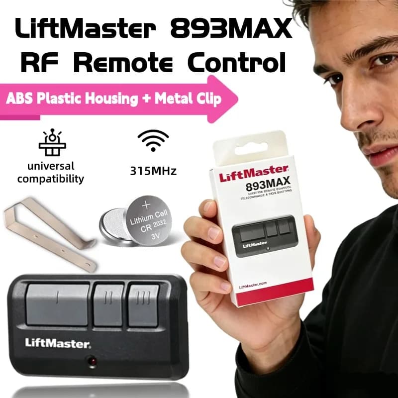 Telecomando Universale 893MAX per Porte da Garage con Clip in Metallo, 315MHz, 3 Pulsanti, Compatibile con Apriporta LiftMaster, Chamberlain, Sears, Craftsman