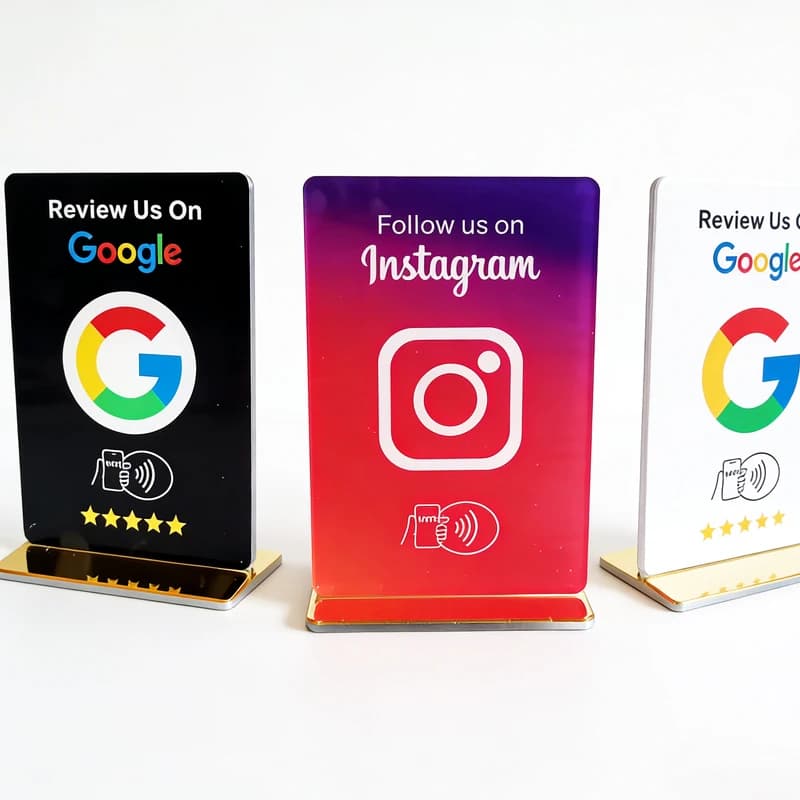 Targa da Tavolo in Acrilico con Chip NFC per Recensioni Google, Supporto per Menu Instagram, Materiale Acrilico NFC