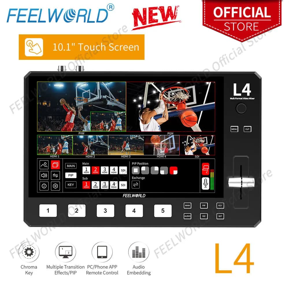 FEELWORLD-L4 Switcher Mixer Video Multi-fotocamera, Touch Screen da 10.1 ", USB 3.0, HMDI, SDI, uscita PUT, Streaming veloce per YouTube a