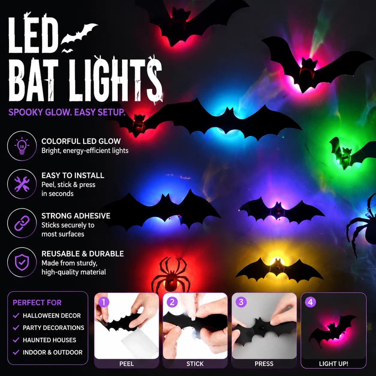 Halloween 3D Spider Bat Led Decals Glow In Dark Halloween Party Window Wall Decoration For Indoor Outdoor Home Bar Haunted House