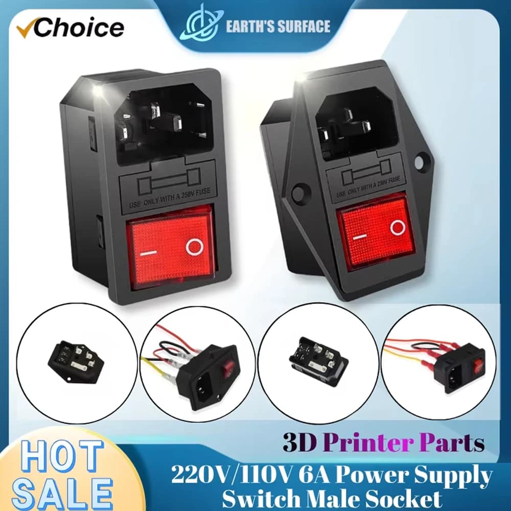 Componenti per Stampanti 3D: Alimentatore 6A 220V 110V con Presa di Corrente e Modulo Fusibile con Interruttore a Tre Leve Rosso per Stampante 3D