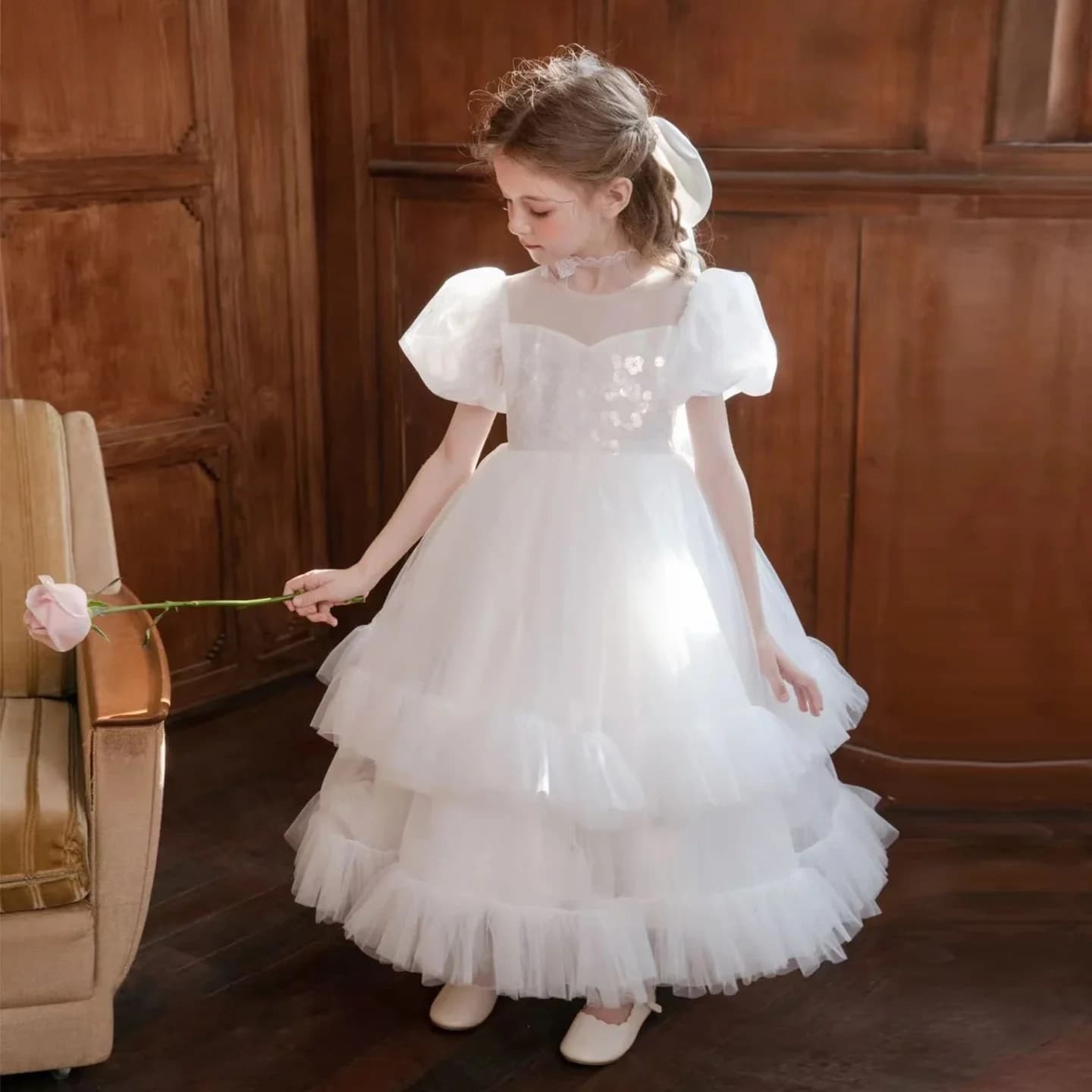 Abito da Damigella Personalizzato di Lusso Leggero, Vestito da Cerimonia per Matrimonio, Compleanno, Concorso di Bellezza, Sfilata, con Maniche a Sbuffo, Paillettes e Tulle, Abito Formale da Principessa