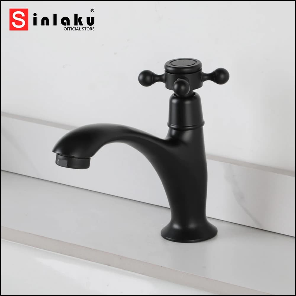SINLAKU Matte Black Bathroom Basin Faucet Single Cold Stream Water Outlet Cross Handle Rotation Control Deck Mounted Bath Taps