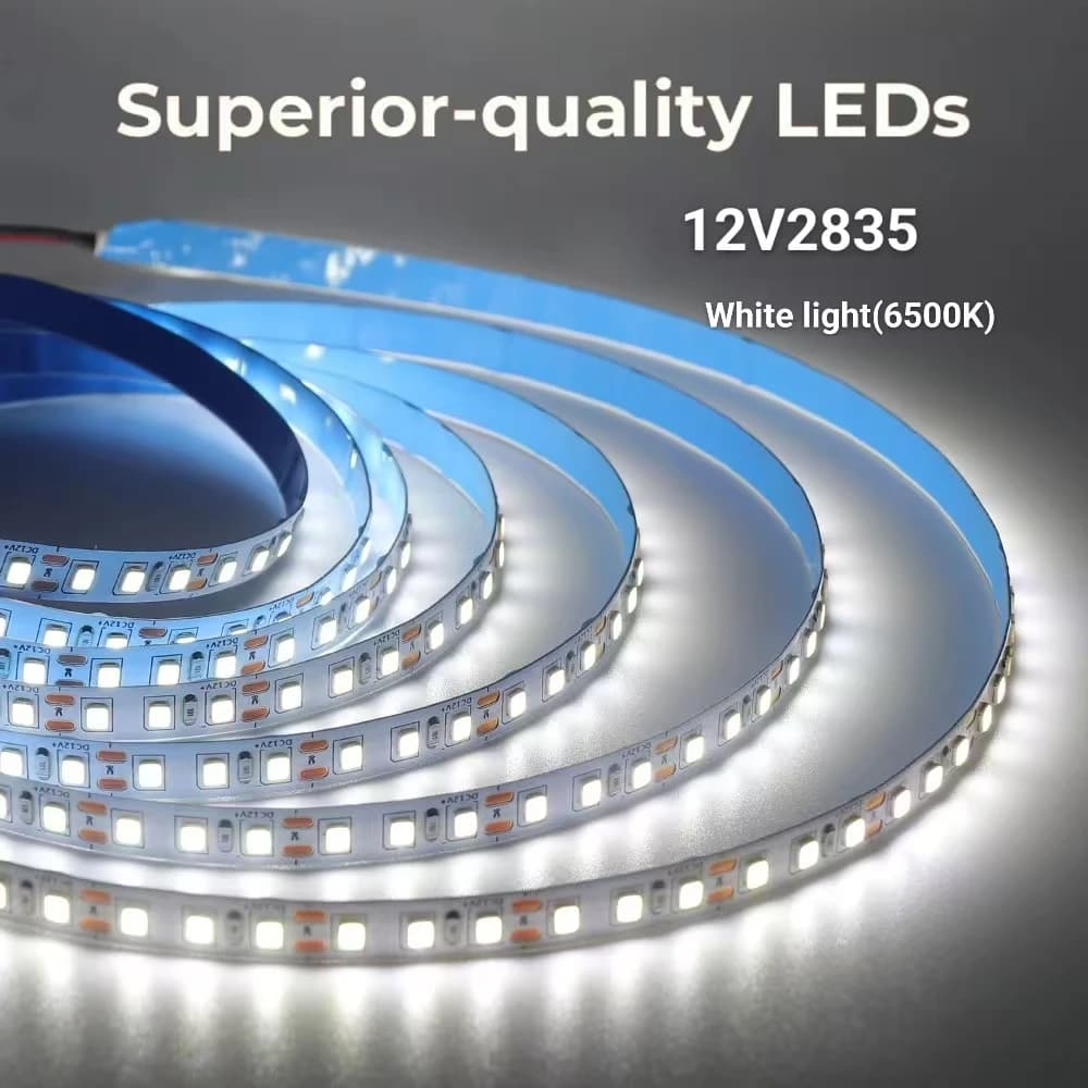 LED Strip 12V 16. 4 feet (5 m) for roll/32. 8 feet (10 m) for roll, width 8 mm, 120 LED/M luminous tape, light under the closet, cold white light 6500K 2835 LED rope light suitable for bedroom, commercial center shelves, kitchen decoration, office decorative light strip (without power supply)
