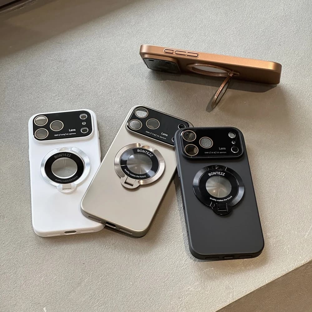 Custodia per telefono con fotocamera in vetro di lusso per IPhone 17Pro Max Air 16 Plus 15 14 13 12 Staffa magnetica Custodia per PC antigoccia lucida Full-pack