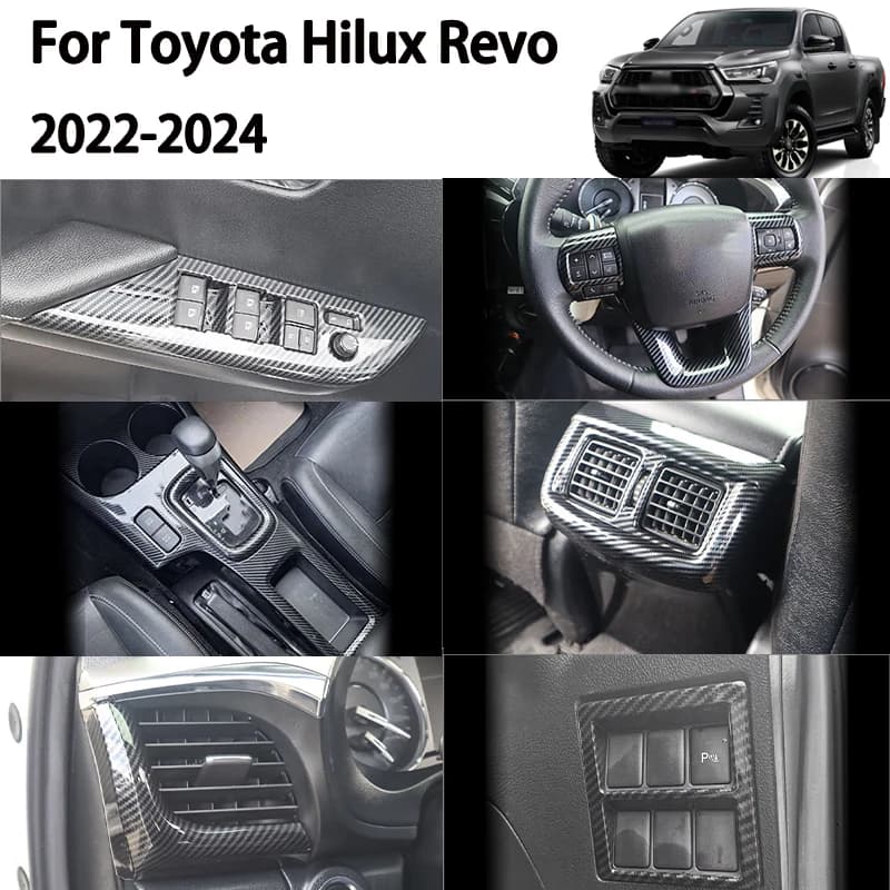 Accessories for Toyota Hilux REVO 2022-2024: ABS Carbon Fiber Gear Frame, Steering Wheel Covers, Retrovisor Mirror Covers, Decalcomanie