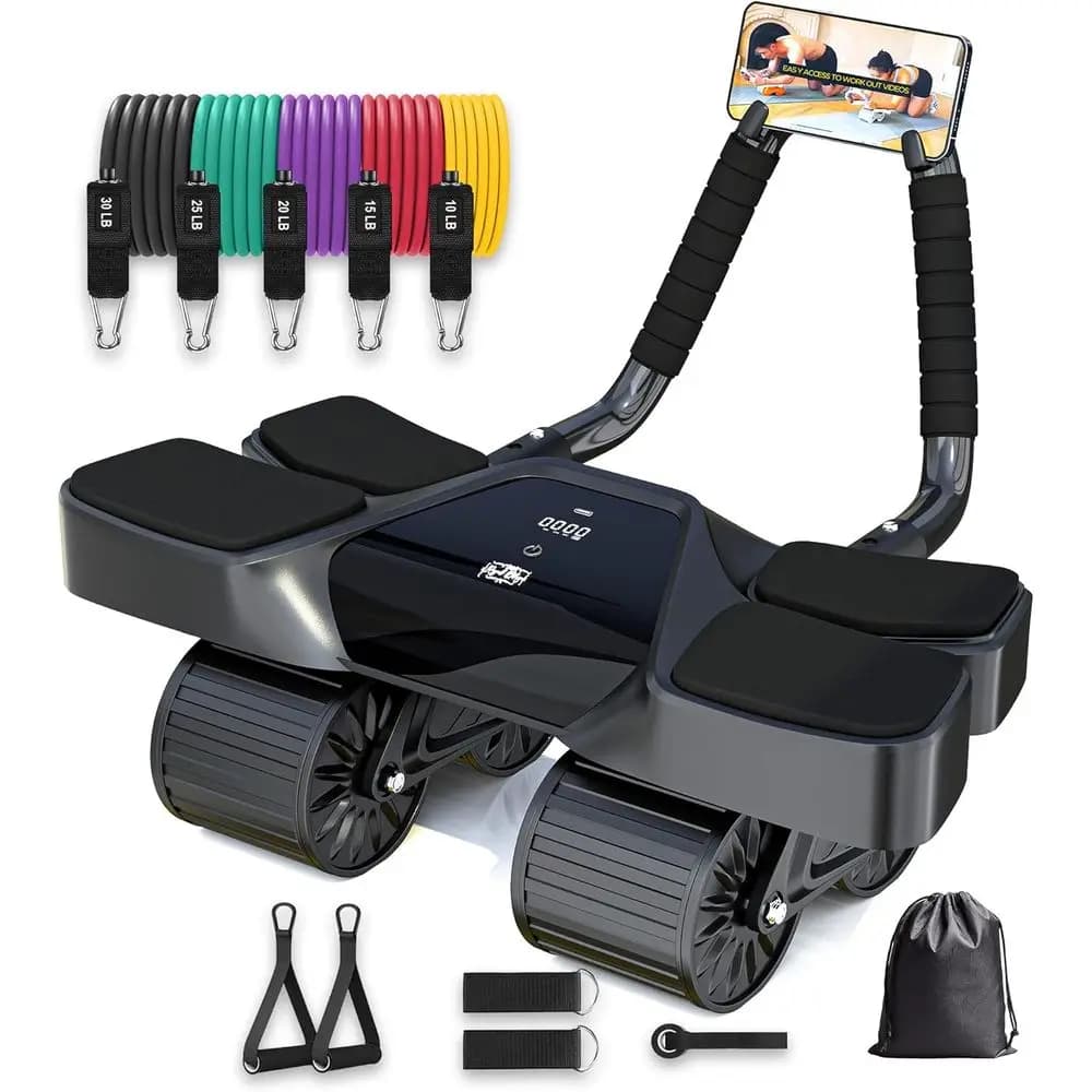 4 Wheel Abdominal Roller with LCD Display, 5 Bands of Resistance, Cable Belts, Door Anchor, Handles and Transport Bag – Ergonomic Support for Elbows