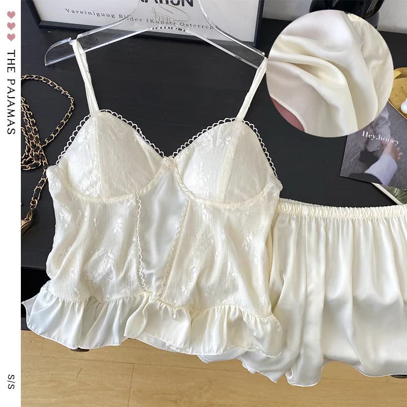 Sexy Pajamas Set Women Strap Camisole&Short Pyjamas Sleep Suit Summer Satin Nightwear V-Neck Sleepwear PJS Home Clothes