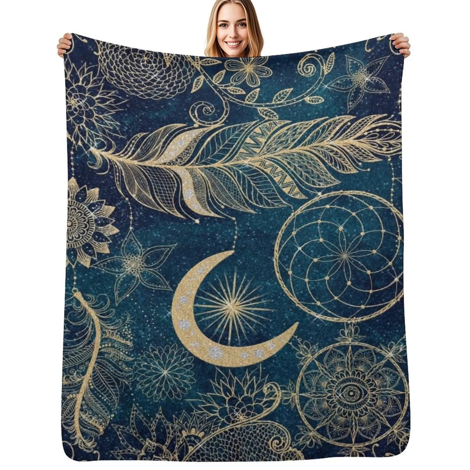 Whimsy Gold Glitter Dreamcatcher Feathers Mandala Throw Blanket Soft Home Decor Blanket for Couch Bedroom