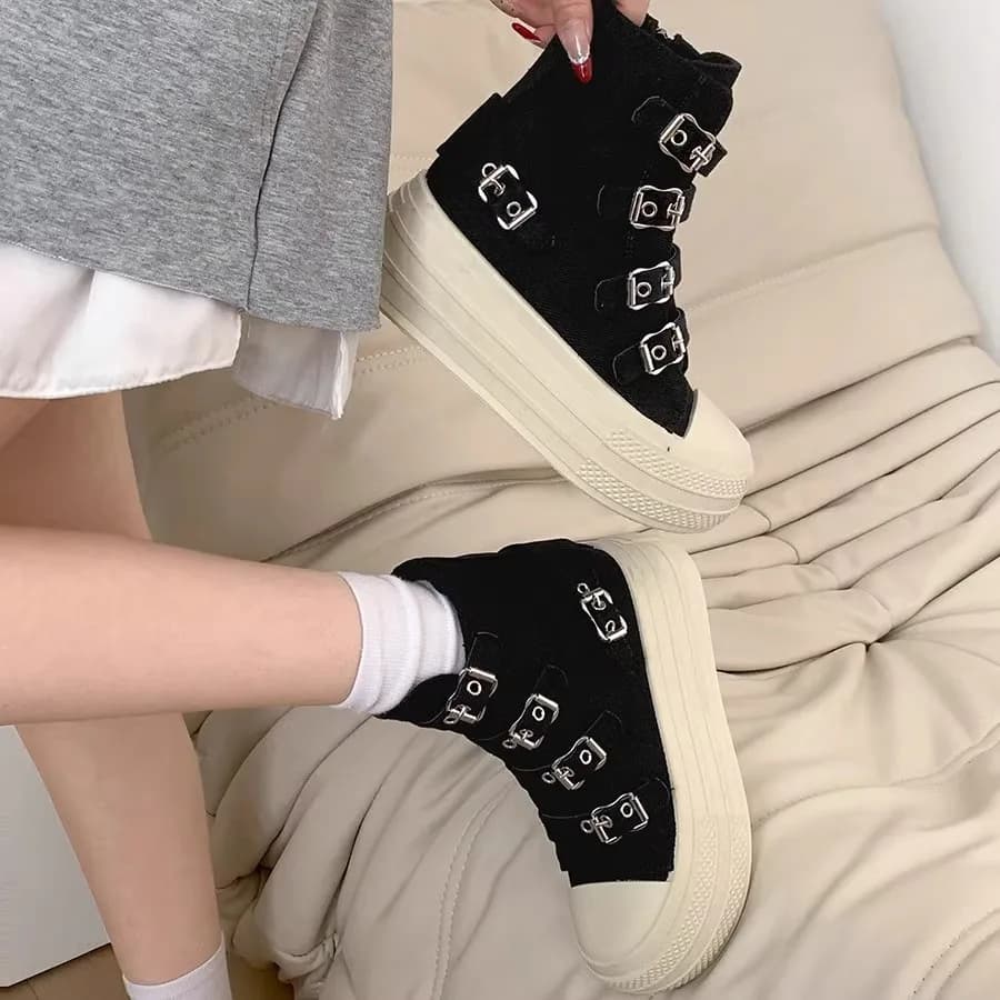 Buckle Design Women's High Top Canvas Shoes Fashion Women Platform Shoes Sneakers Casual Zipper Female Ankles Boots 2025 New