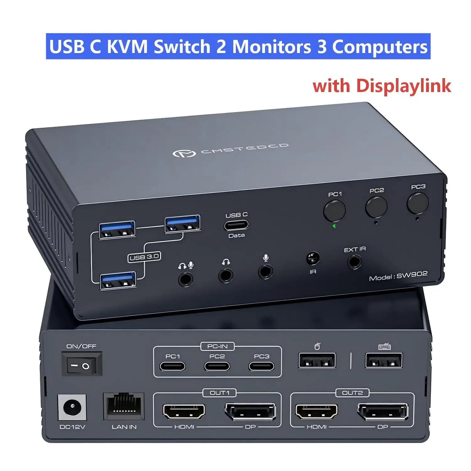 Switch KVM USB-C per 2 Monitor e 3 Computer, Docking Station 4K60Hz per M1 M2 M3 M4 Thunderbolt KVM con Displaylink per Windows e Mac