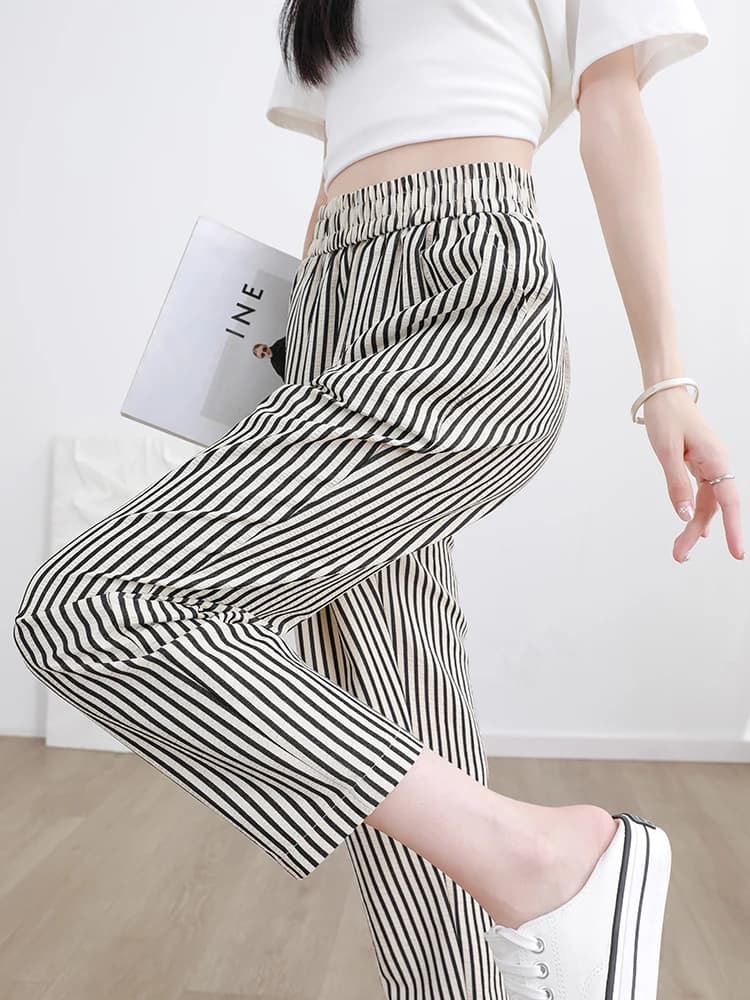 Pantaloni corti affusolati Casual da donna Casual a righe verticali comodi e traspiranti con cintura in vita con tasche