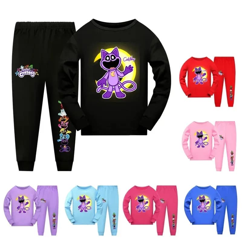 72th Anime Cosplay Critters sorridenti Cat Nap Bambino Pigiama Set Abbigliamento per bambini Ragazze Tuta Ragazzi adolescenti T-shirt a maniche lunghe Pantaloni