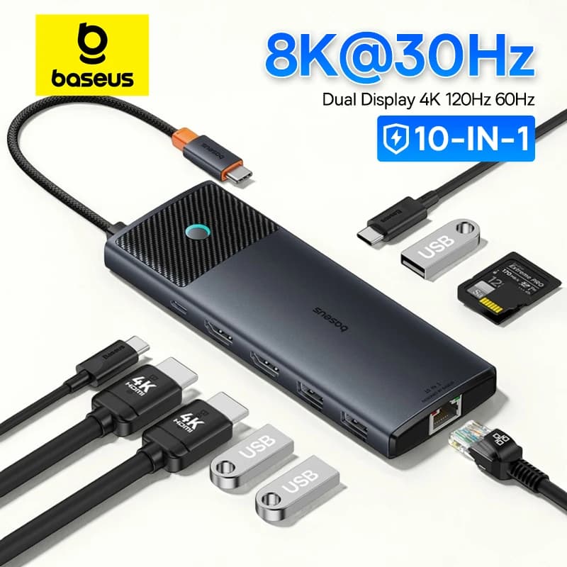 Baseus USB C HUB Dual HDMI 8K 4K Adattatore 10-in-1 USB 3.2 10Gbps Splitter con RJ45 SD TF Tipo C PD 100W per MacBook Pro Air HUB