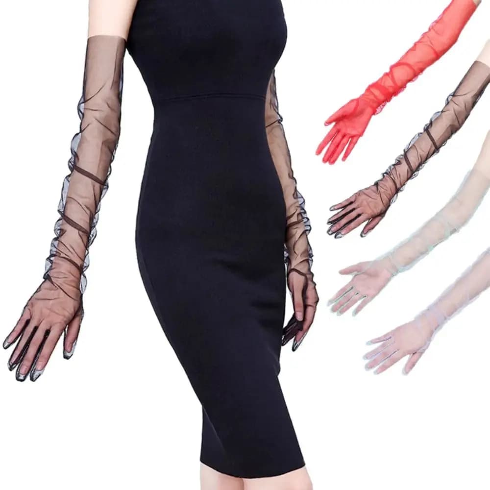 Guanti Trasparenti alla Moda Lunghi 70cm, Guanti Ultra Sottili in Rete Elasticizzata, Guanti in Tulle, Accessorio per Halloween