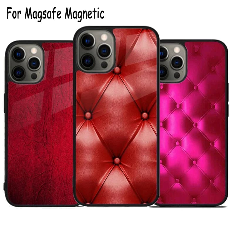 Custodia per telefono wireless con design a fantasia in pelle rossa per iPhone 17 Air 15 16 16e 14 13 11 12 Pro Max Plus, Cover Magnetica Magsafe