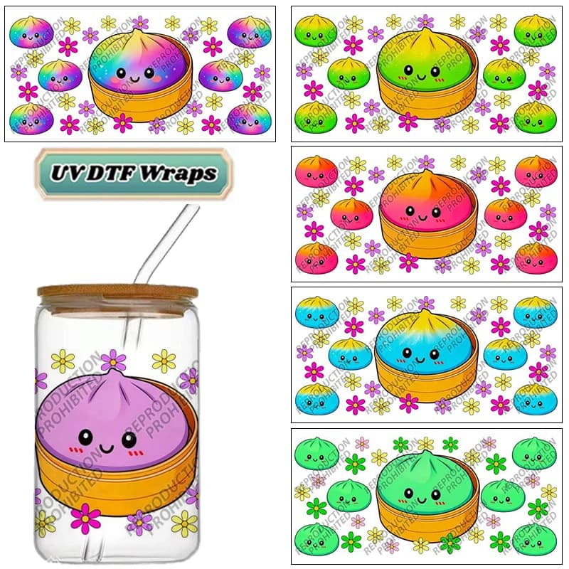 Adesivi UV DTF Kawaii a Forma di Raviolo, Simpatici Sticker Arcobaleno per Alimenti, Impermeabili, Decalcomanie Trasferibili Fai-da-Te per Barattoli di Vetro da 16oz