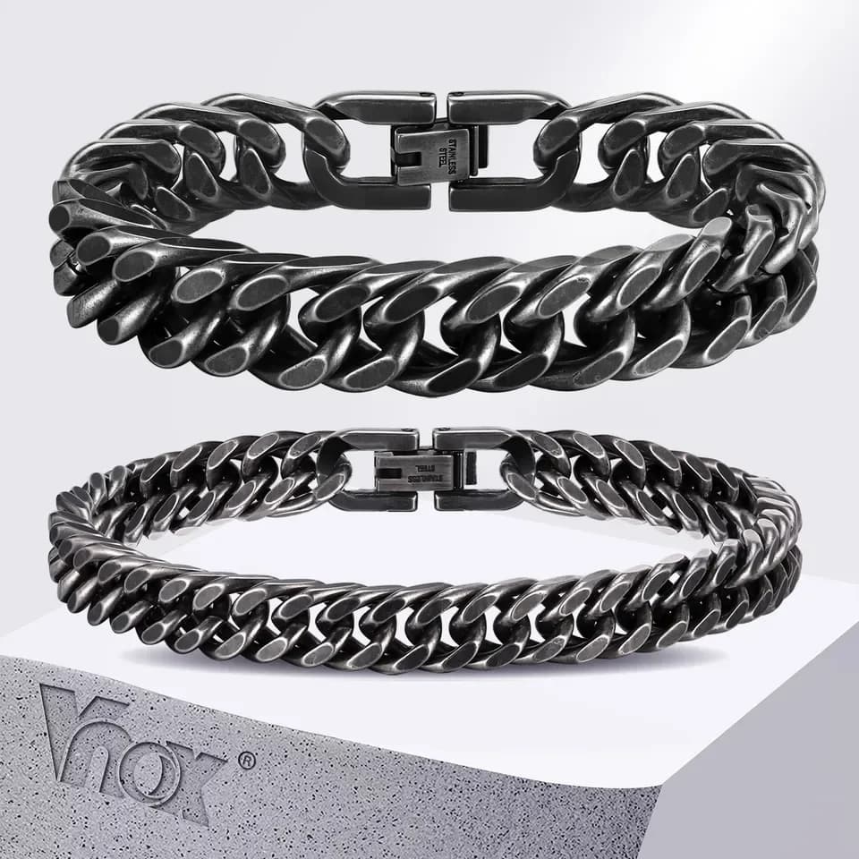 8mm/12mm Bold Heavy Stainless Steel Cuban Bracelets for Men, Oxidized Metal Wristband, Punk Rock Chain Bracelet Jewelry