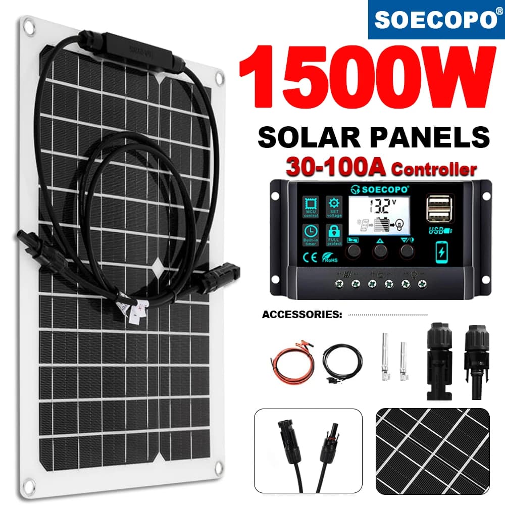 Sistema di energia solare da 1500 W Controller 12 V/100 A Porte USB impermeabili per camper Auto Barca Marine Campo esterno Alimentazione di batterie di emergenza