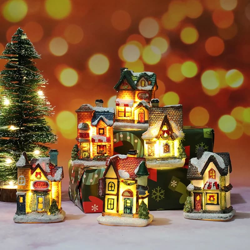 1Pc Resin Christmas Houses Lighted Xmas Village Houses Figurines Snow House Holiday Gift Home Decor Resin House For Christmas