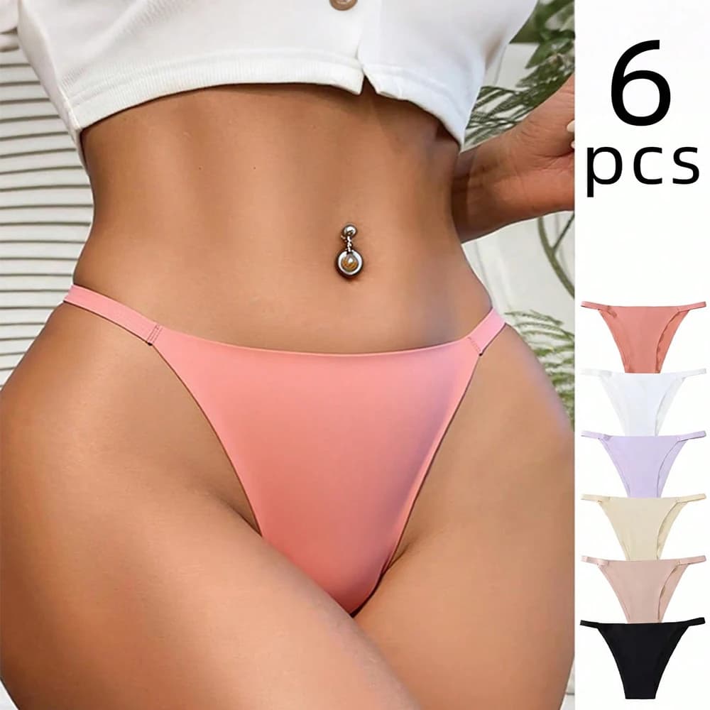 6PCS Women's Panties Sexy Solid Color Thong Low Waist Seamless Triangle Pants Ice Silk Breathable G-String