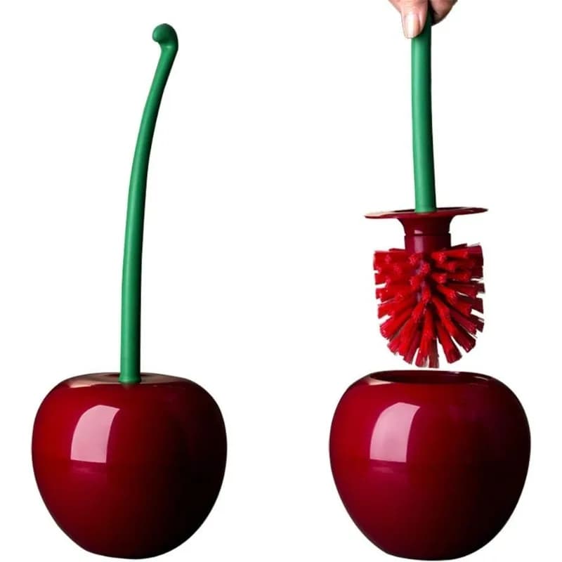 Set Spazzola e Portaspazzola per WC a Tema Ciliegia, Graziosa Spazzola per Bagno con Manico Lungo per Arredamento a Tema Ciliegia, 1 Spazzola 1 Portaspazzola