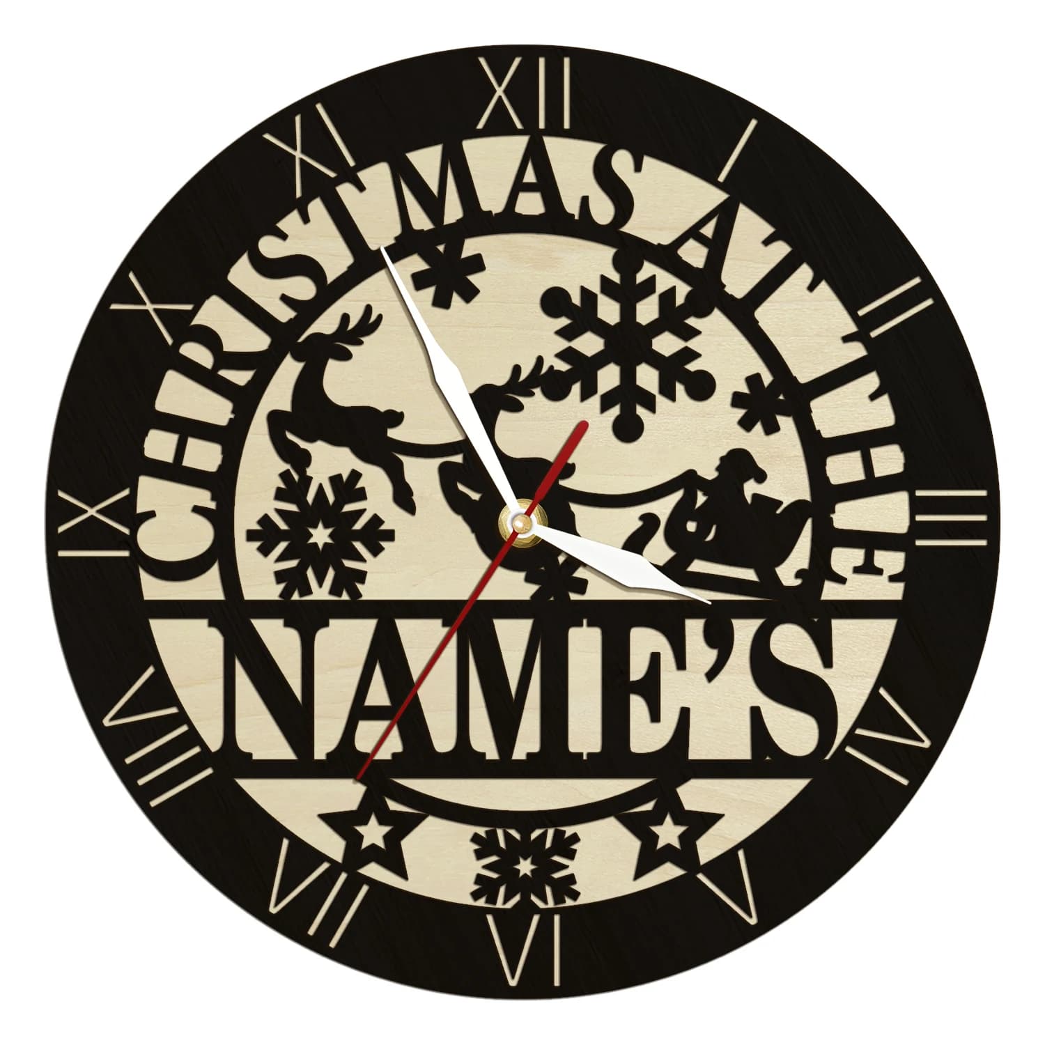 Wooden wall clock with custom Christmas sign with name, Santa Claus sleigh with reindeer, family, rustic wooden Christmas wall clock