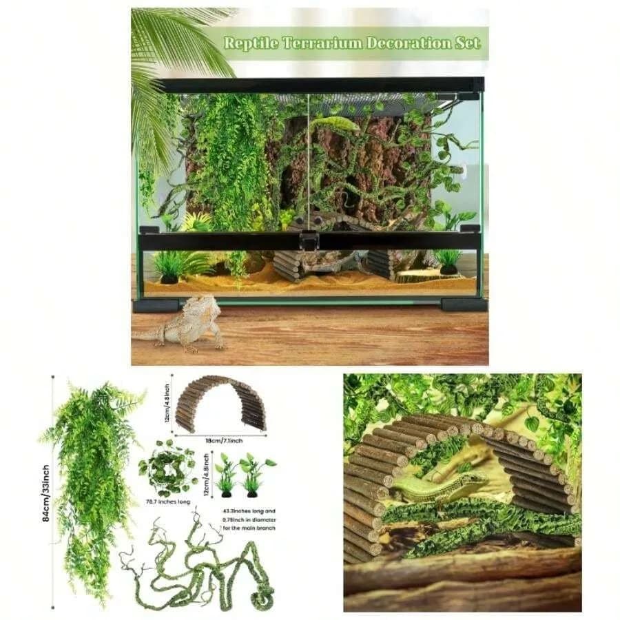 【Nuovo stile】Accessori per rettili, Piante rampicanti artificiali da appendere per terrario, Foglie artificiali, Nascondiglio per rettili, Ponte rampicante per rettili da giungla
