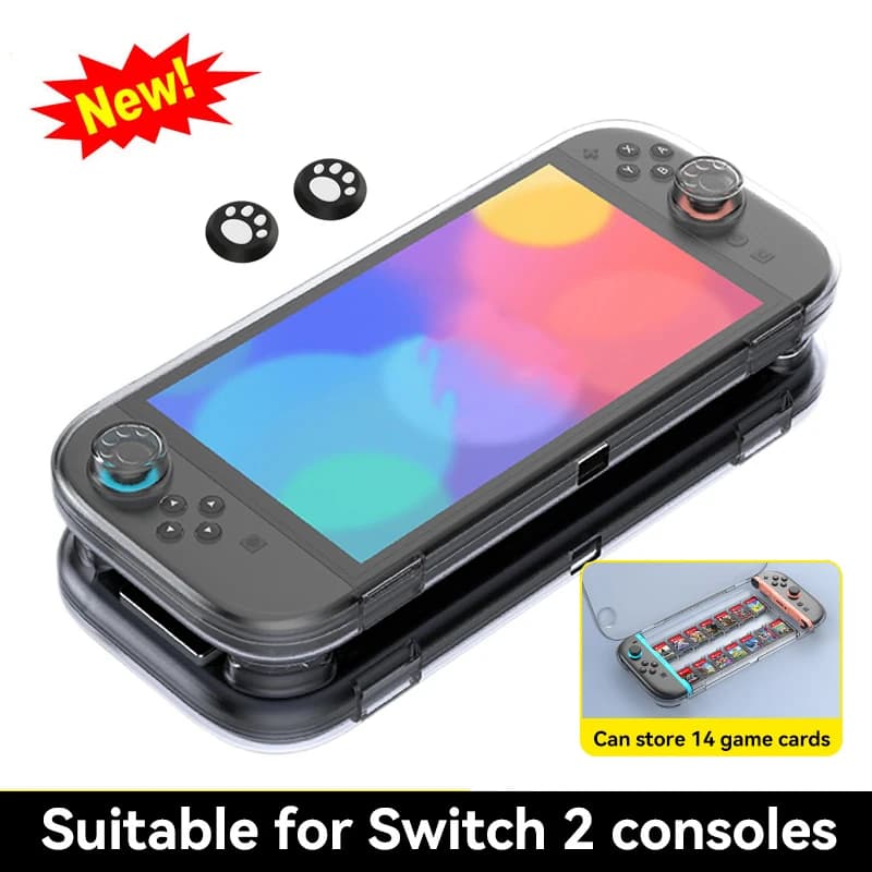 Custodia trasparente con protezione completa per scatola portaoggetti per console Nintendo Switch 2 con 14 slot per carte da gioco e cappuccio per pollice gratuito