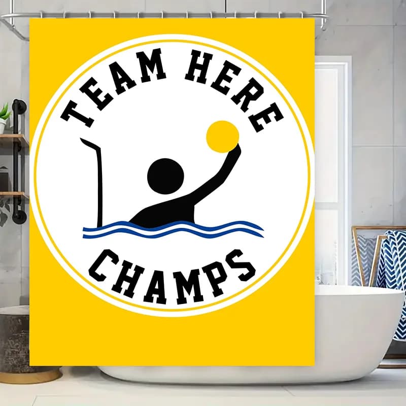 Set tenda da doccia con tappetino da bagno della squadra dei campioni: design giallo e bianco con giocatore di nuoto perfetto per l'arredamento della casa