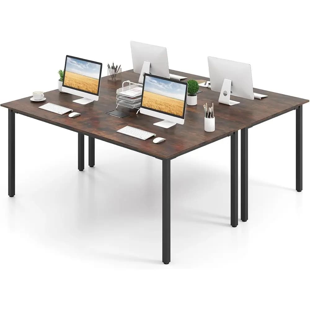 Grande tavolo da riunione marrone rustico da 71 cm x 35,5 cm per 8-10 persone con gambe in metallo e passacavi