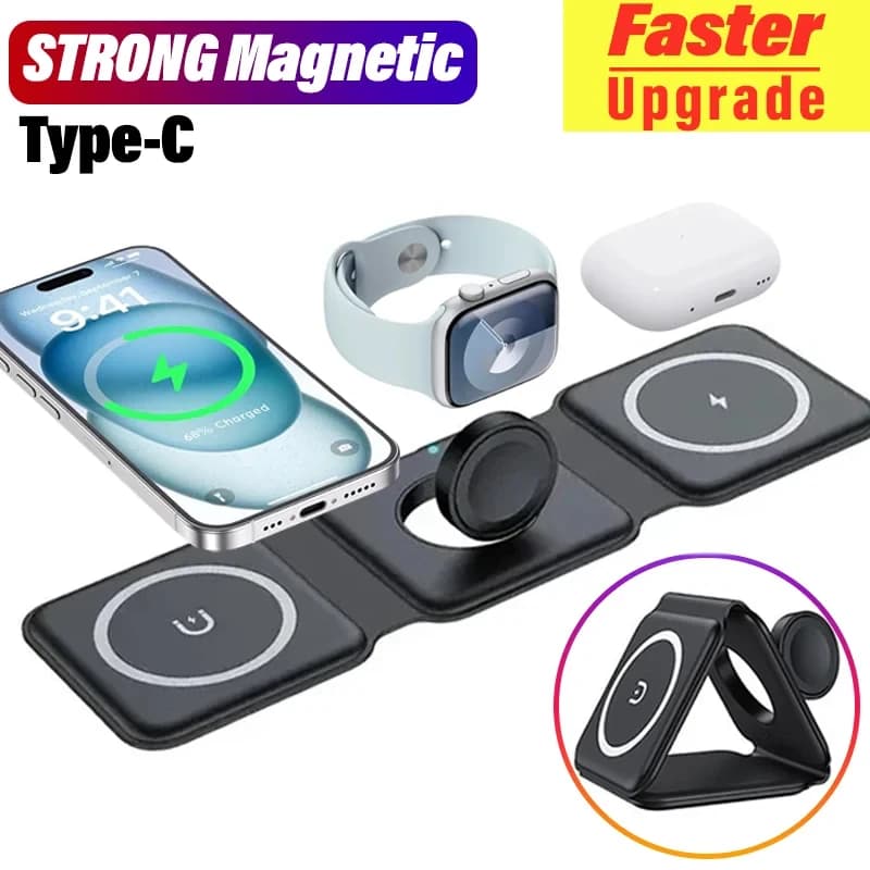 Tappetino caricabatterie wireless portatile magnetico 3 in 1 per iPhone 16 15 14 13 12 Pro Max Apple Watch AirPods Dock station di ricarica rapida