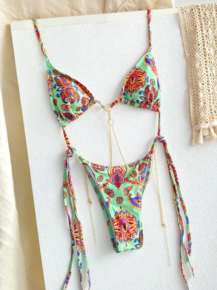 Sexy Triangle Micro Bikini Sets Thongs Chains Swimsuit Women Bathing Suit Biquini Bandage Beachwear Print Swimwear Thong Bikini