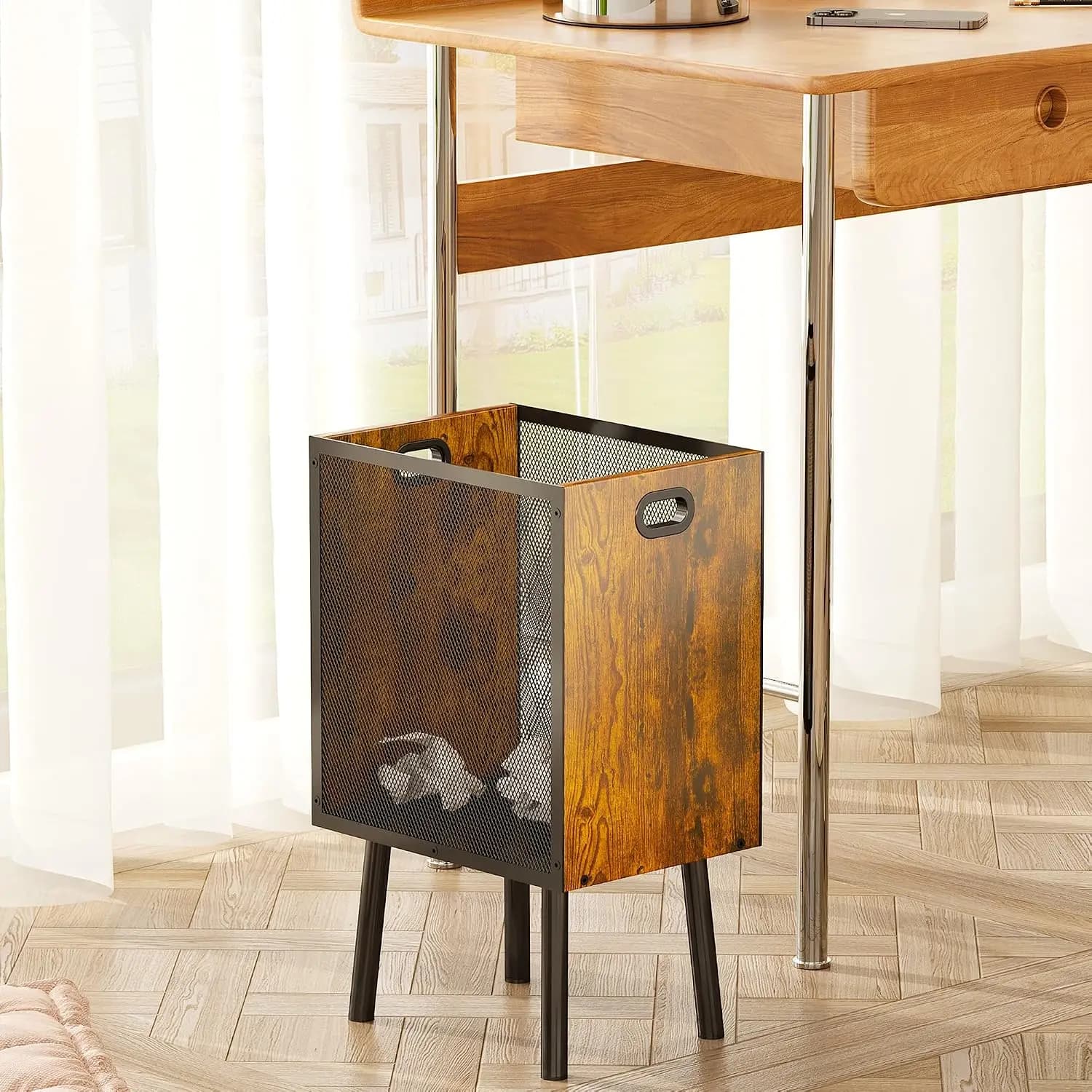 4.5 Gallon Rectangular Trash Can with Wood and Mesh Design, Small Wastebasket for Office Bedroom Bathroom