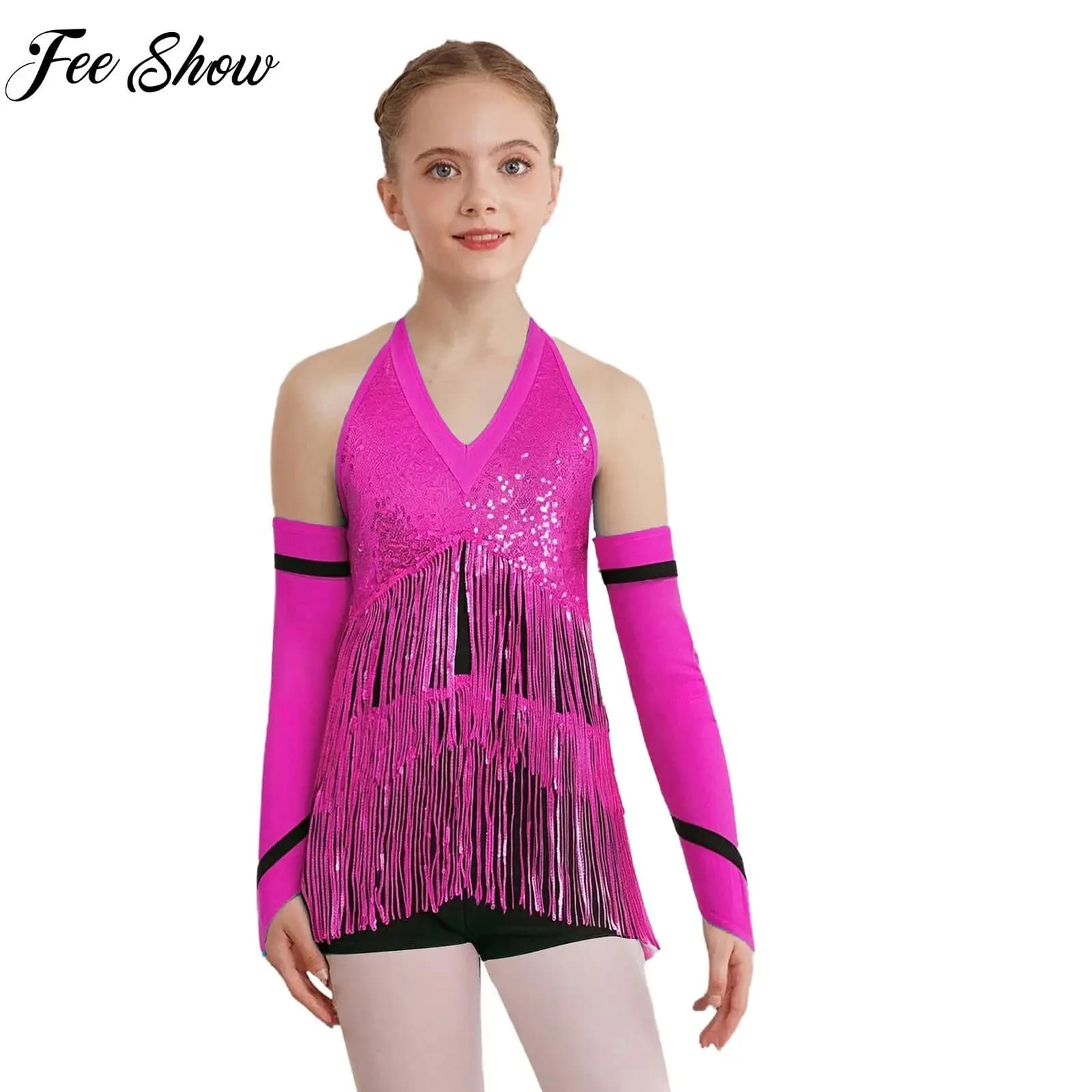 Bambini Ragazze Paillettes Vestito da ballo latino jazz Halter senza maniche Body Guanti Vestito per ginnastica Pattinaggio di figura Spettacolo teatrale