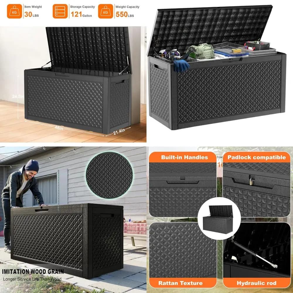 Grande Contenitore da Esterno, 121 Galloni, con Serratura, Ideale per Mobili da Giardino, Accessori Piscina, Attrezzi da Giardino - Impermeabile Nero