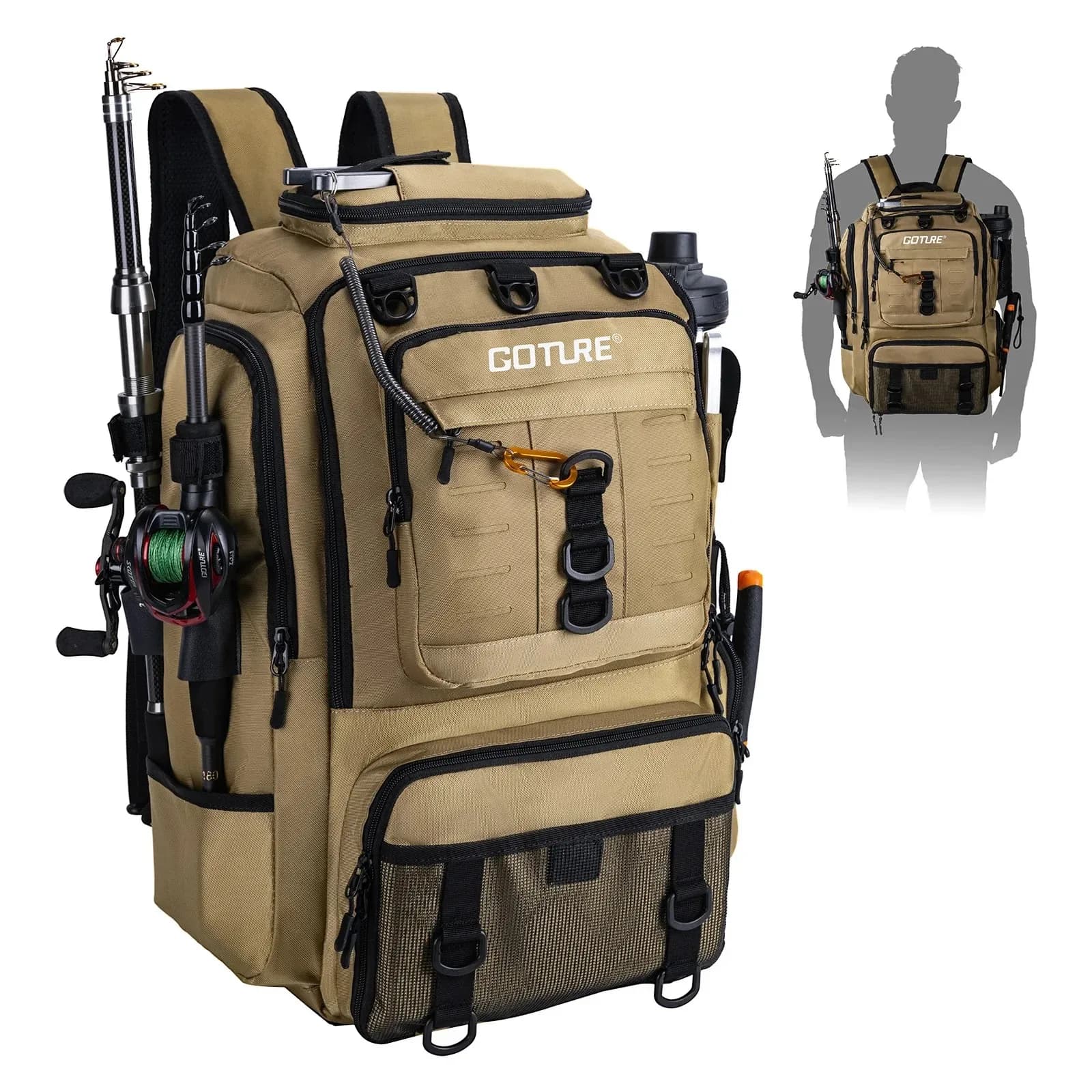 Goture Fishing Bag with Rod Holders 900D Waterproof Oxford Cloth Thermal Insulation Design Outdoor Camping Hiking Backpack