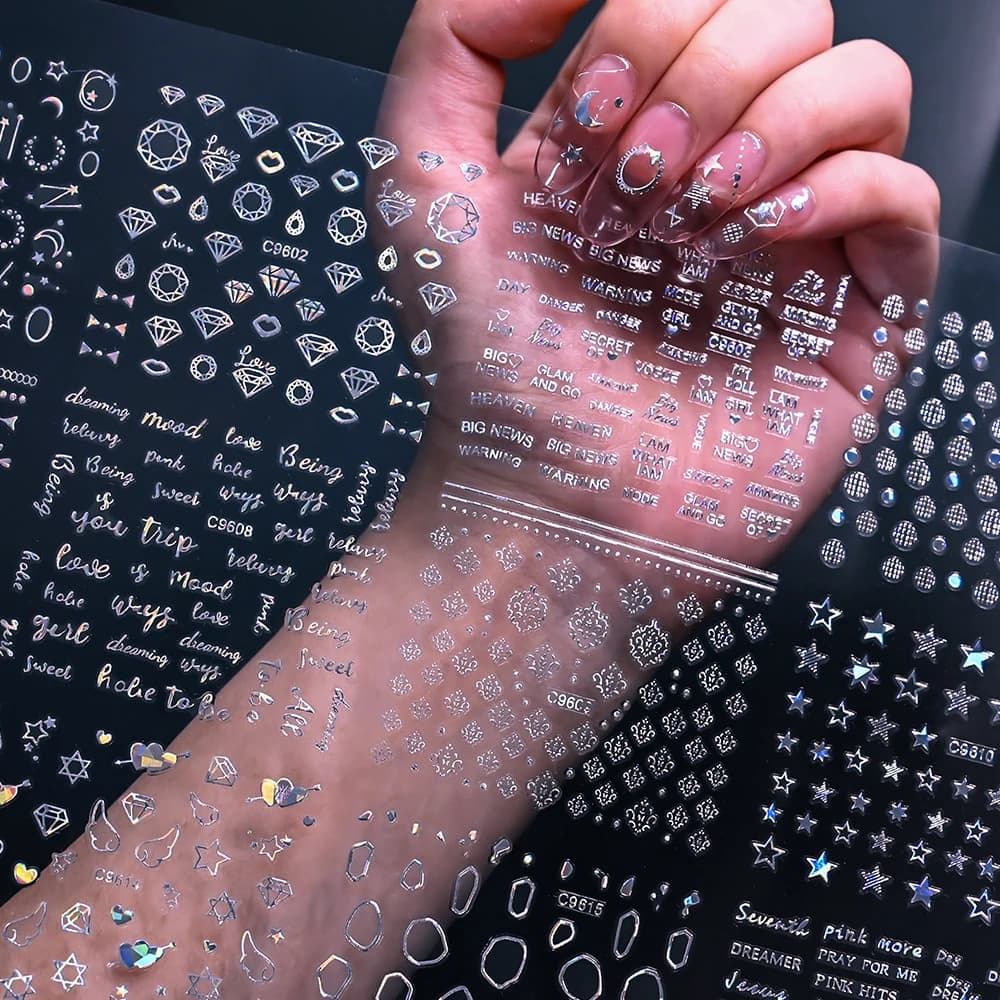 30 fogli Diamond Design Nail Sticker Laser Silver Star Heart decalcomanie per unghie 5.5*6.5cm adesivo lucido French Line Stripe Nail Slider