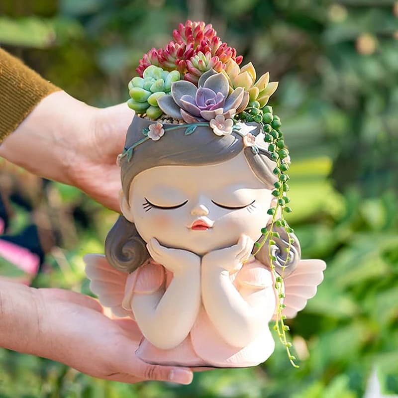 Vaso per fioriera da 7 pollici con faccia di angelo carino con foro di drenaggio, statue ornamentali per fioriera da fiaba in resina per l'arredamento dell'home office