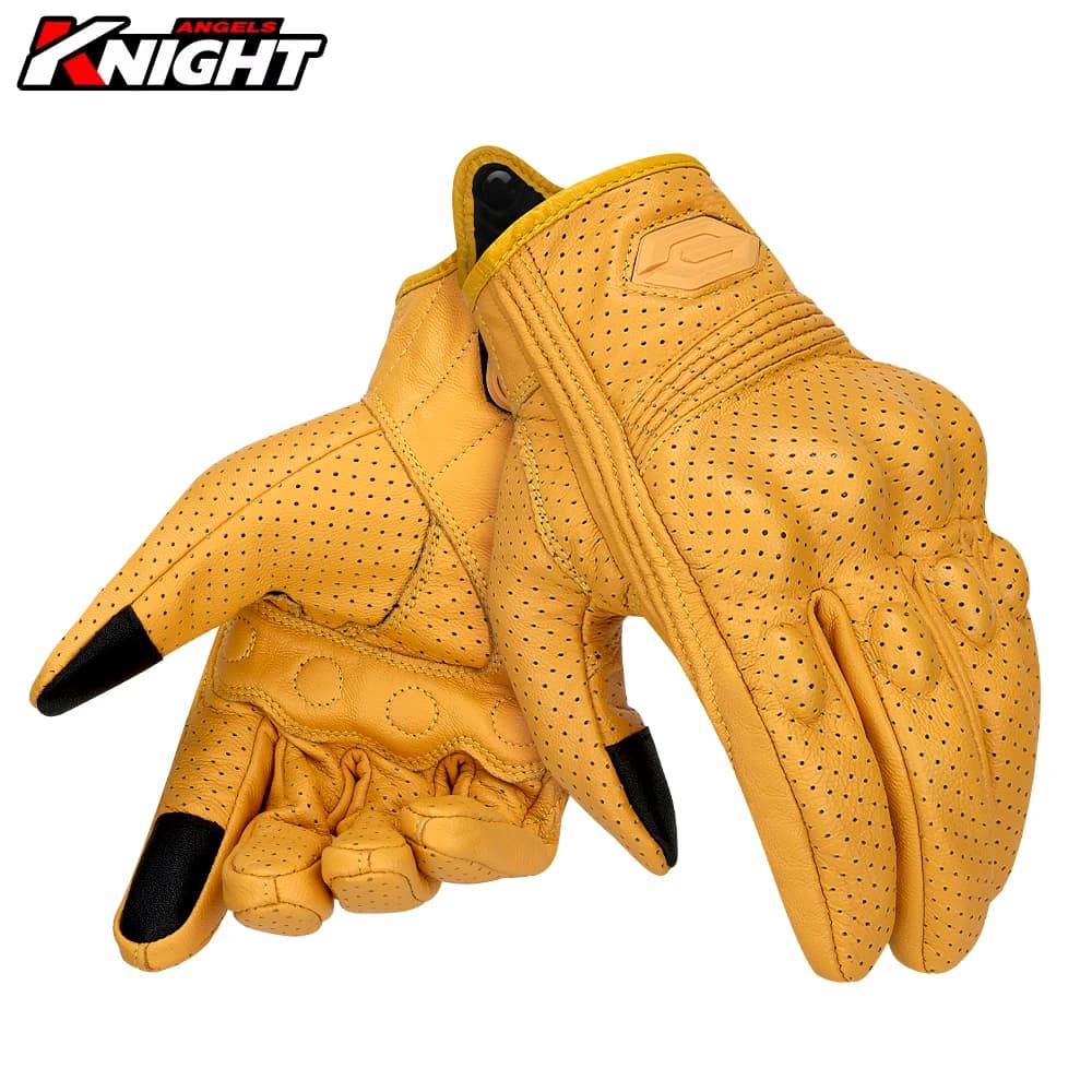 ​ Guanti da Moto Vintage in Pelle, Estivi, Perforati e Traspiranti, per Motocross, con Funzione Touchscreen su Tutti i Dita