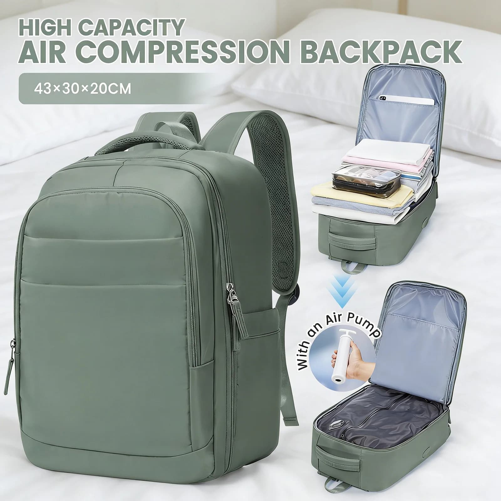 Zaino da viaggio approvato da Ryanair 40x30x20, zaino da viaggio con compressione sottovuoto, sacca sottovuoto, zaino scolastico per notebook
