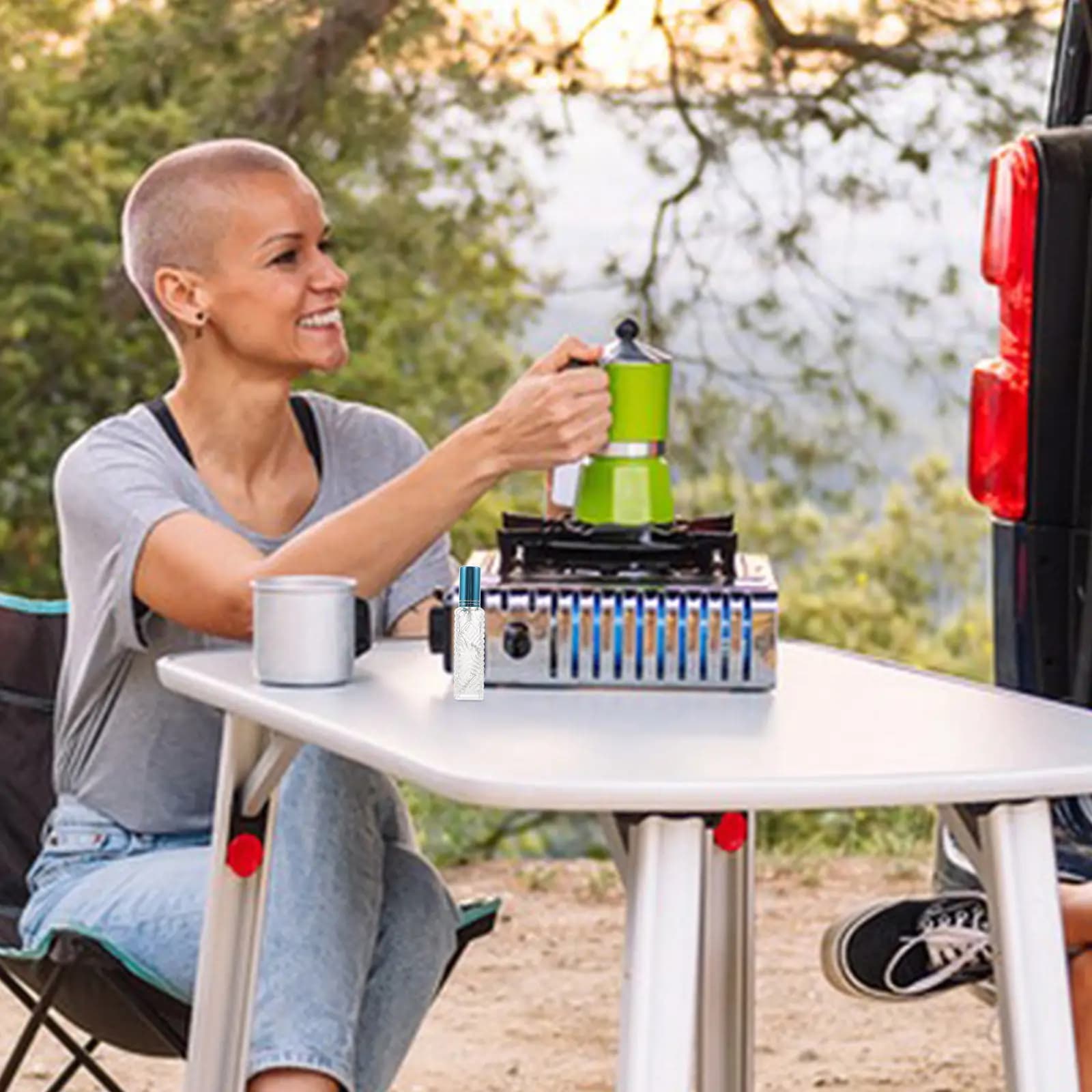 Mini Lampada a Alcool Portatile con Coperchio Blu Cielo, Bruciatore a Alcool per Campeggio, Escursionismo, Picnic, Fornello in Vetro, Mini Fornello da Campeggio