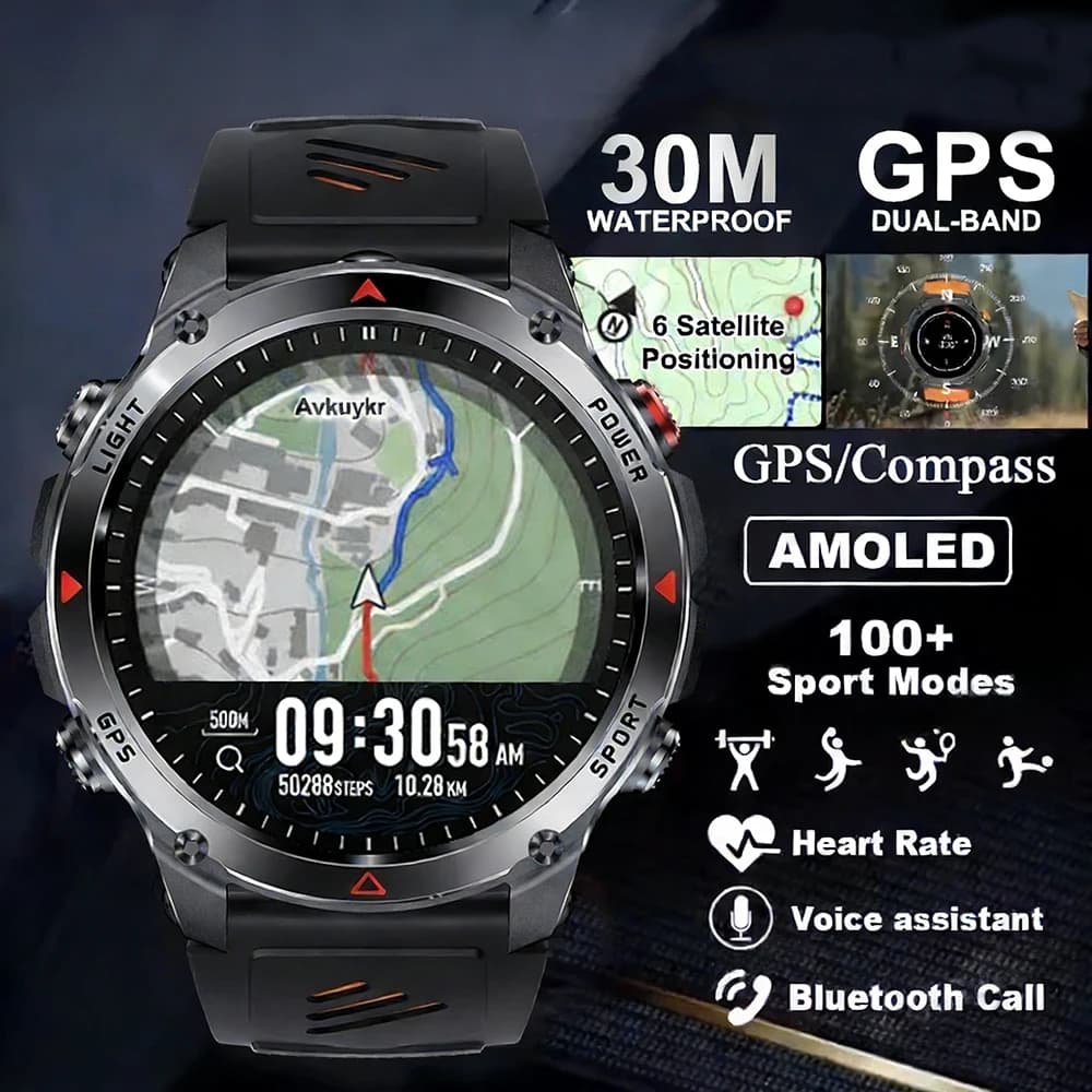 Orologio Intelligente GPS Militare per Uomo, Impermeabile 3ATM, Schermo AMOLED, GNSS Multi-Banda, Bussola, Altimetro, Torcia, Smartwatch Sportivo