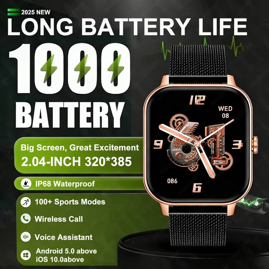 Smartwatch Sportivo con Batteria Ultra da 1000mAh, Chiamate Bluetooth, Monitoraggio Salute, Fitness, Impermeabile IP68, per Uomini e Donne