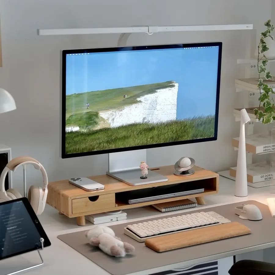 Support for Monitor with Drawer, Ergonomic Rehabilitation for Computer with Cable Management and Organizer, Wood Monitor Support