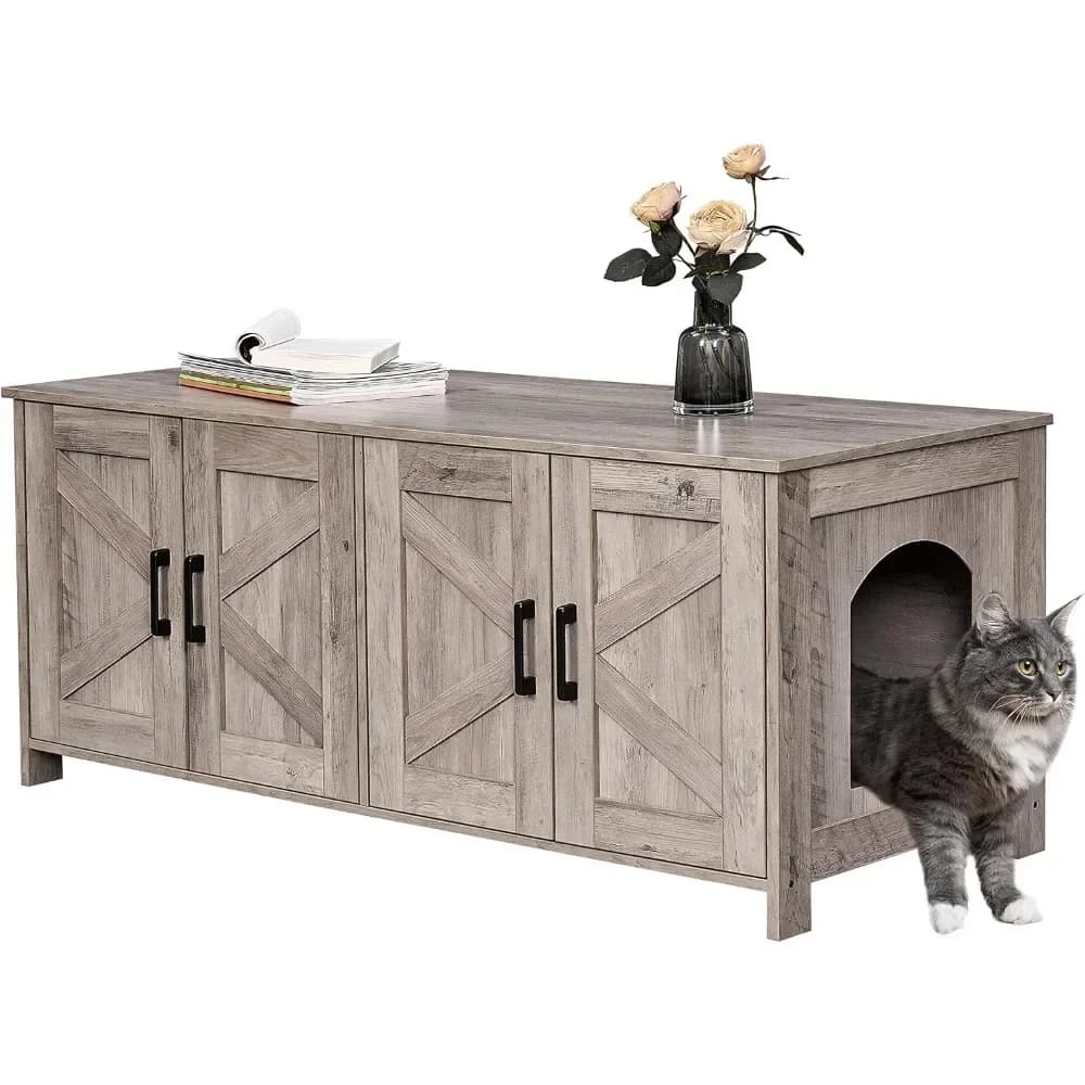 Una lettiera, custodia per 2 gatti, mobili per lettiera nascosti con doppia stanza, mobili per bagno per gatti in legno, lettiera per gatti