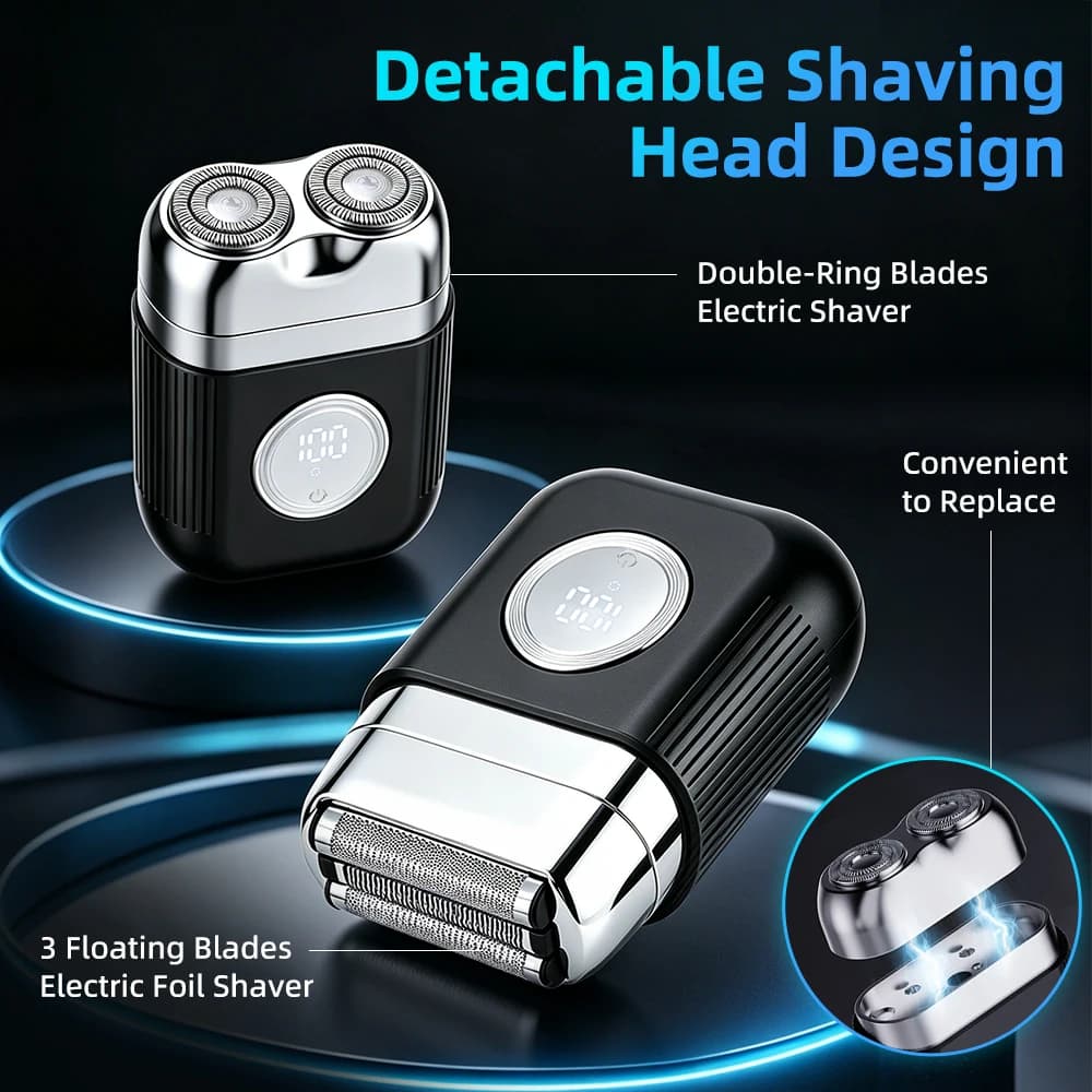 Rasoio Elettrico da Uomo con Lame Flottanti e Doppio Anello, Mini Rasoio Portatile per Viso e Barba, Utilizzabile a Secco e Bagnato